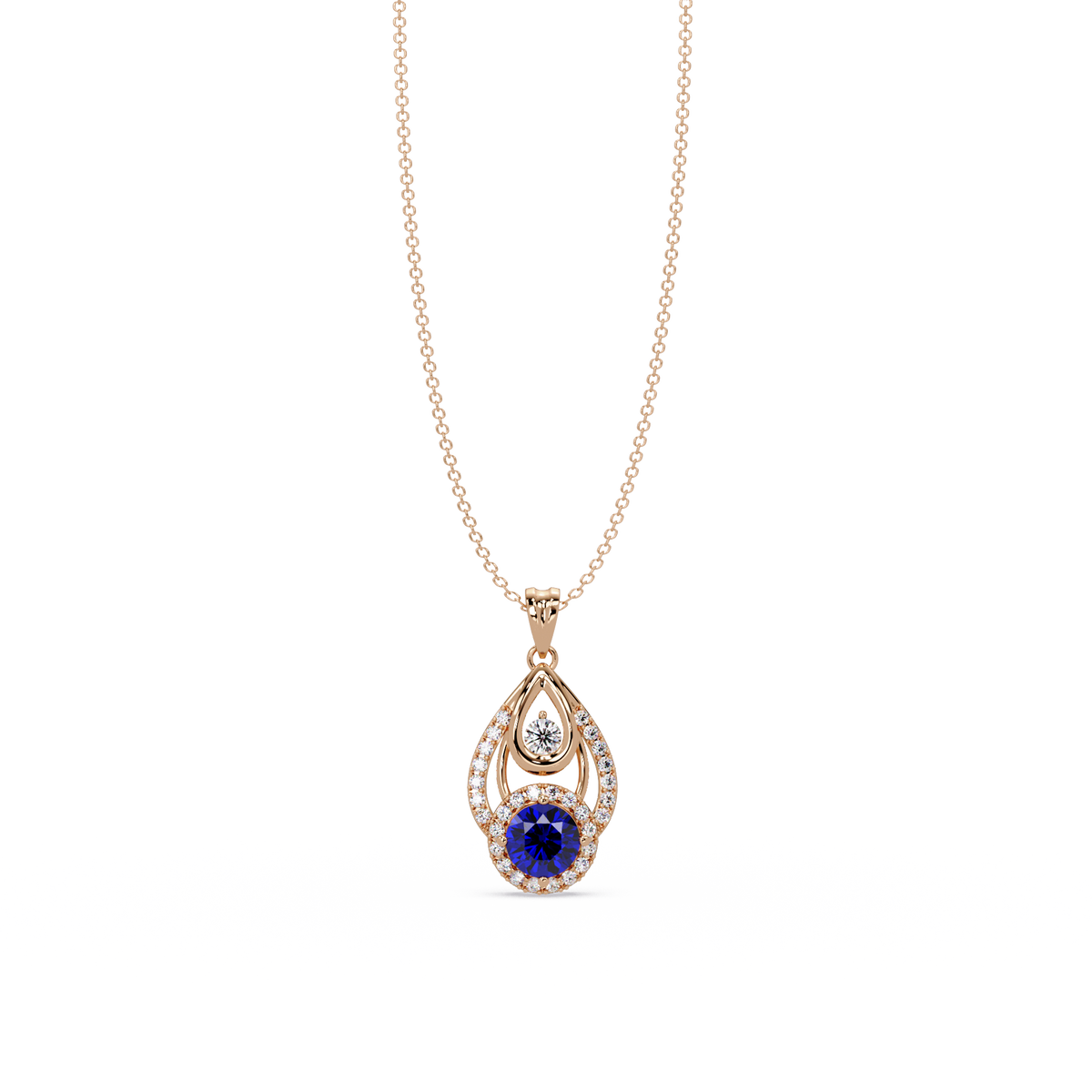 1.8 CTW Double Round Teardrop Colorstone Pendant Necklace - Sapphire Royal Blue - 14K Rose Gold