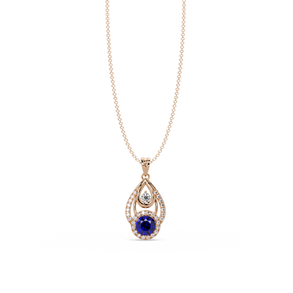 1.8 CTW Double Round Teardrop Colorstone Pendant Necklace - Sapphire Royal Blue - 14K Rose Gold