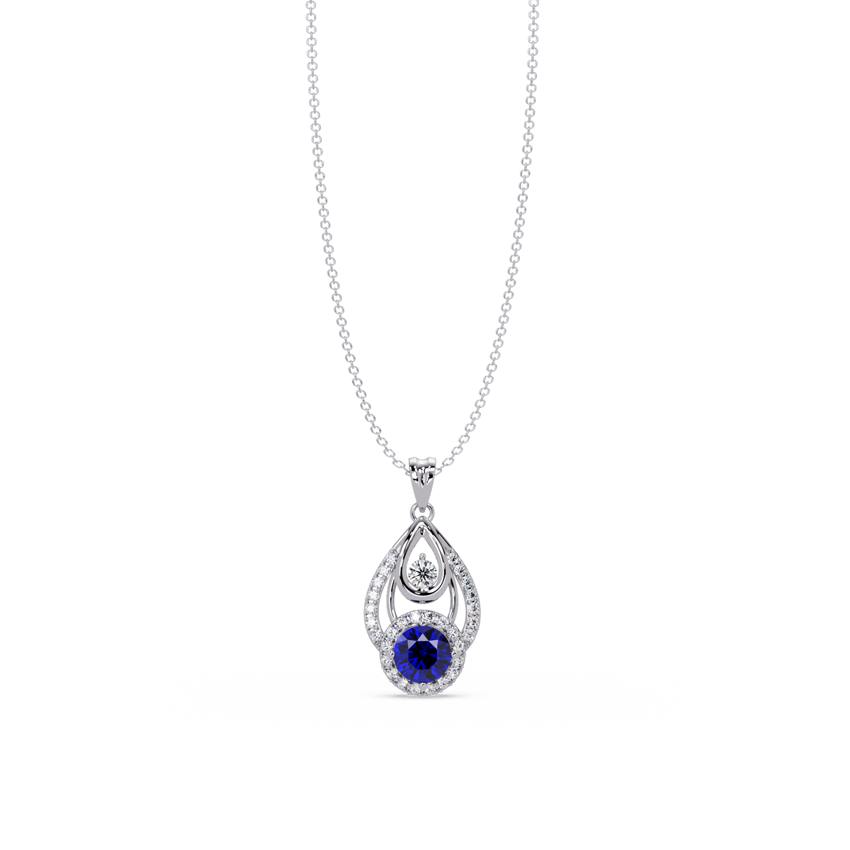 1.8 CTW Double Round Teardrop Colorstone Pendant Necklace - Sapphire Royal Blue - 14K White Gold