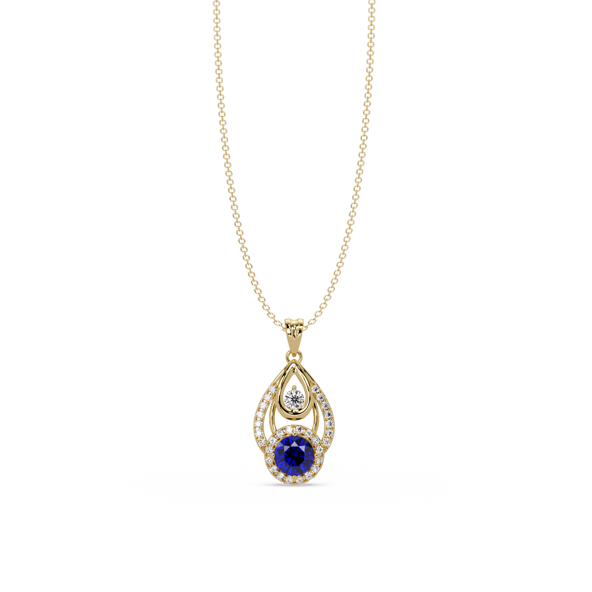 1.8 CTW Double Round Teardrop Colorstone Pendant Necklace - Sapphire Royal Blue - 14K Yellow Gold
