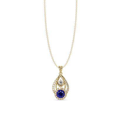 1.8 CTW Double Round Teardrop Colorstone Pendant Necklace - Sapphire Royal Blue - 14K Yellow Gold