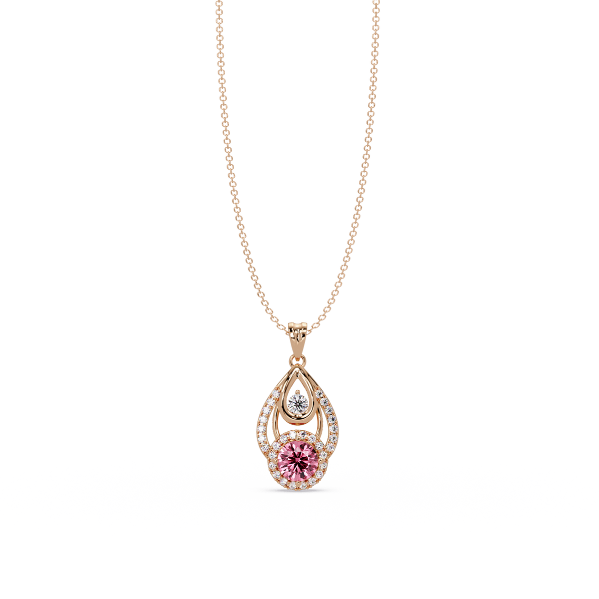 1.8 CTW Double Round Teardrop Colorstone Pendant Necklace - Tourmaline Rose Pink - 14K Rose Gold