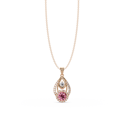 1.8 CTW Double Round Teardrop Colorstone Pendant Necklace - Tourmaline Rose Pink - 14K Rose Gold