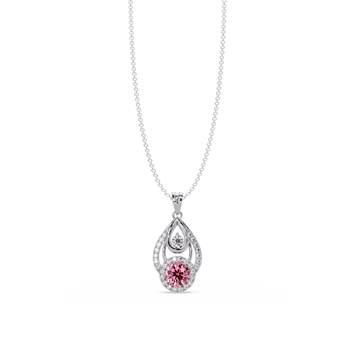 1.8 CTW Double Round Teardrop Colorstone Pendant Necklace - Tourmaline Rose Pink - 14K White Gold