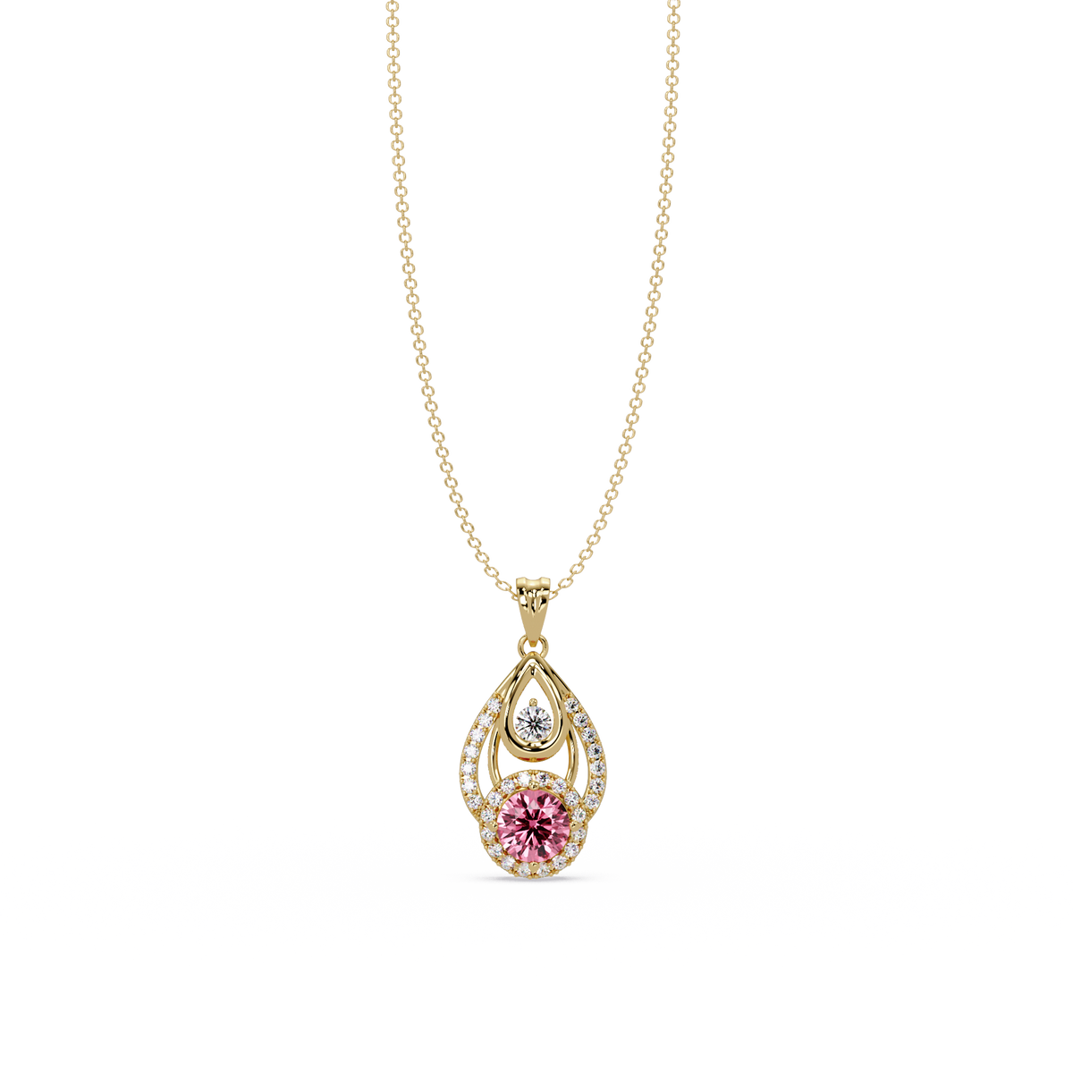 1.8 CTW Double Round Teardrop Colorstone Pendant Necklace - Tourmaline Rose Pink - 14K Yellow Gold