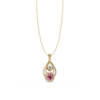 1.8 CTW Double Round Teardrop Colorstone Pendant Necklace - Tourmaline Rose Pink - 14K Yellow Gold