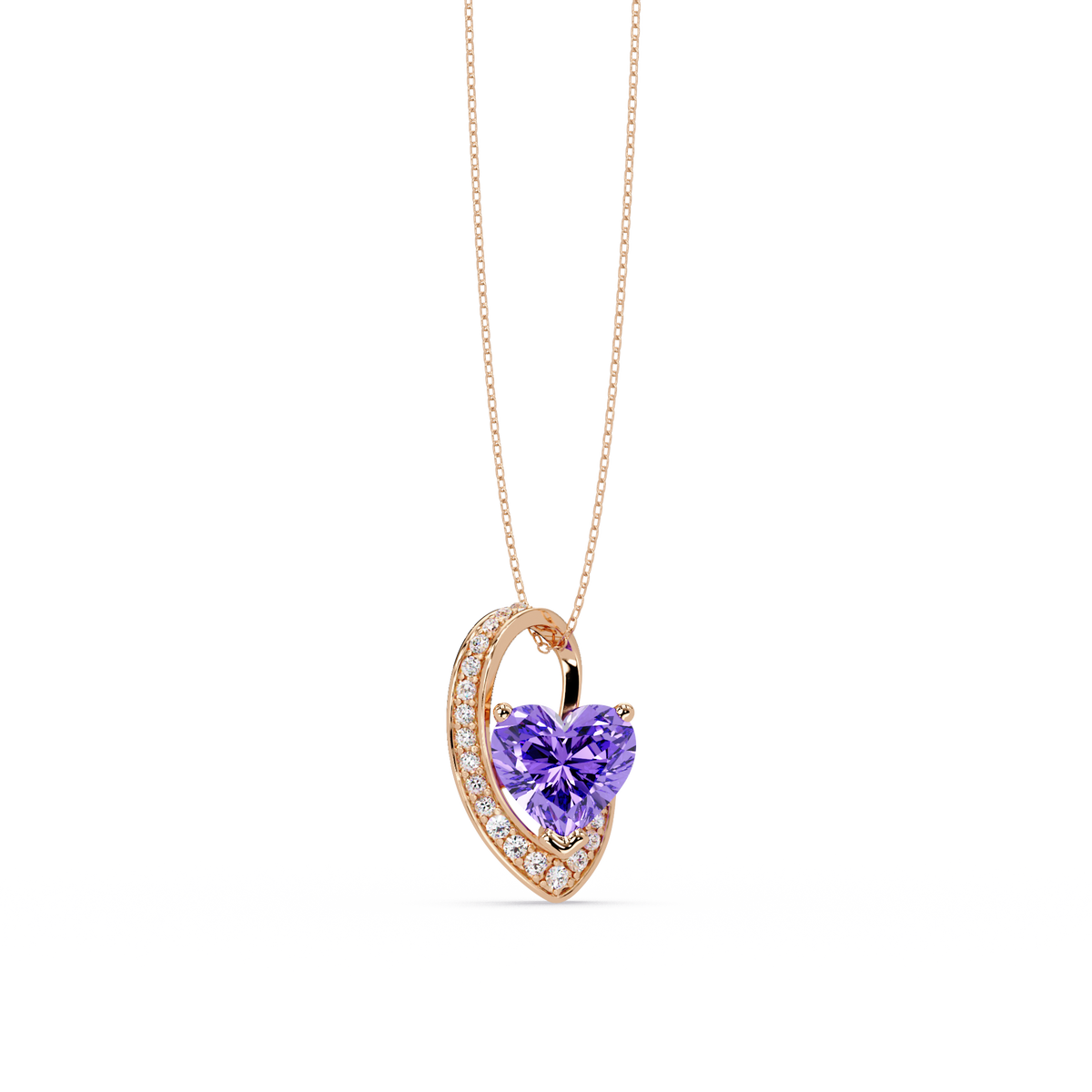 2.5 CTW Heart Curve Colorstone Pendant Necklace — Amethyst Lavender — 14K Rose Gold