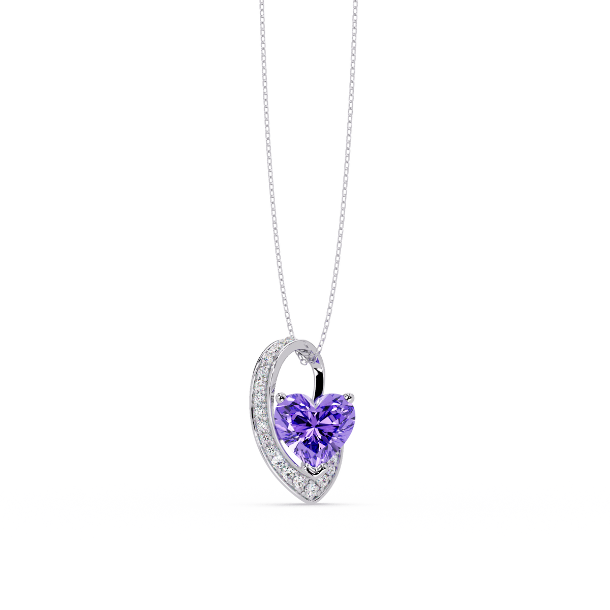 2.5 CTW Heart Curve Colorstone Pendant Necklace — Amethyst Lavender — 14K White Gold