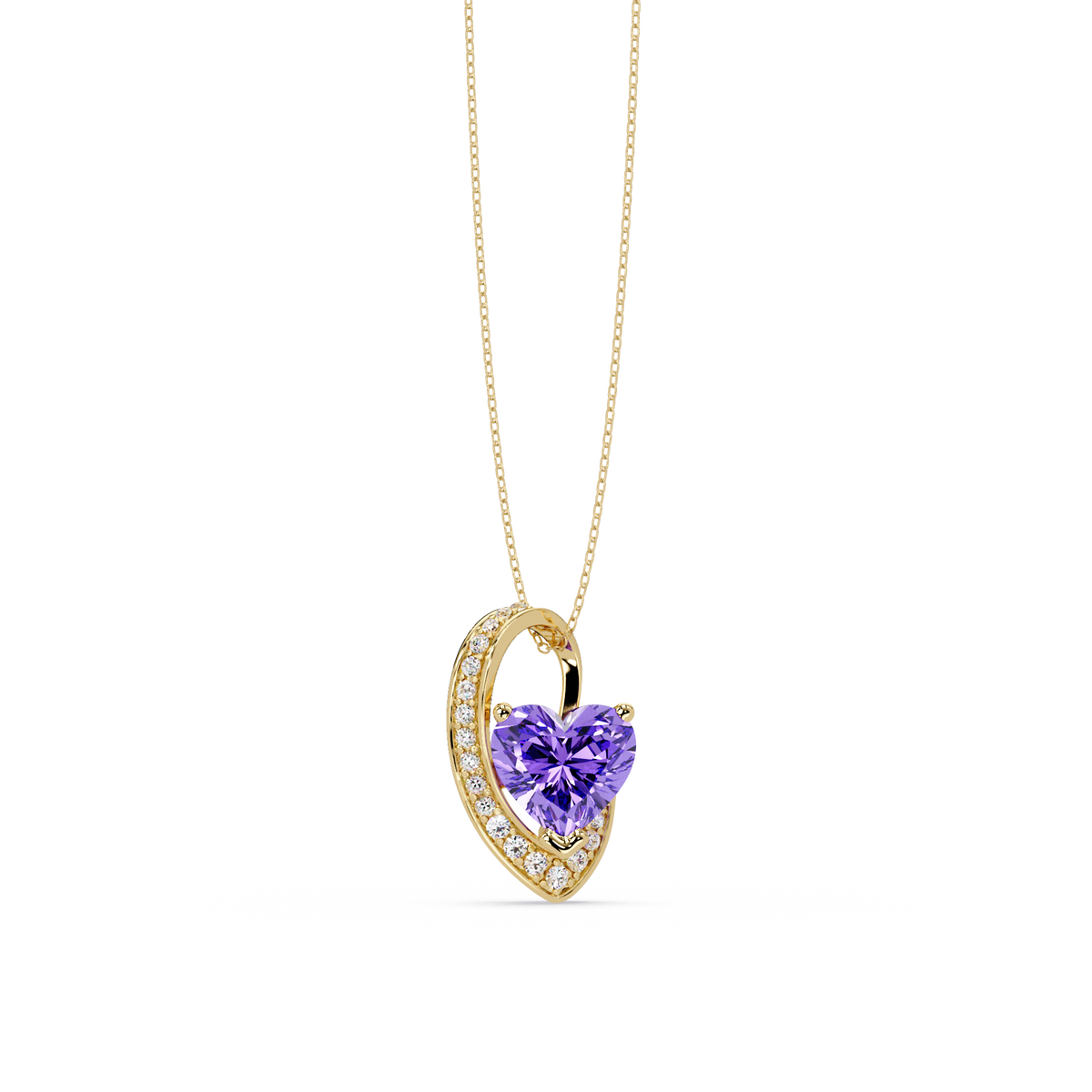 2.5 CTW Heart Curve Colorstone Pendant Necklace — Amethyst Lavender — 14K Yellow Gold