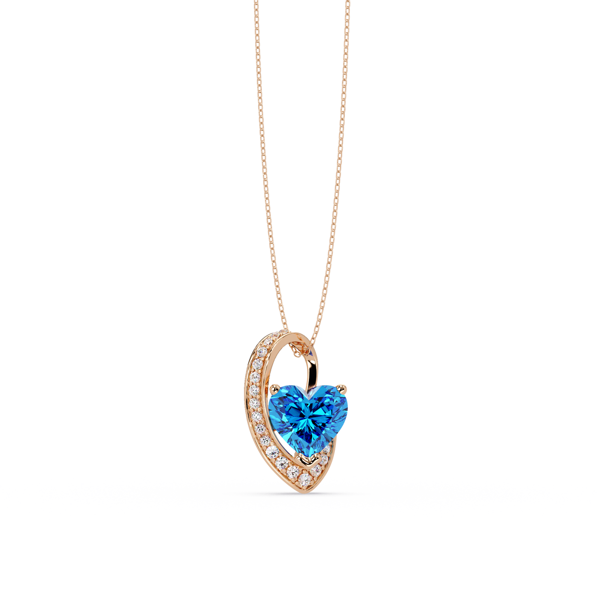 2.5 CTW Heart Curve Colorstone Pendant Necklace — Aquamarine Sky Blue — 14K Rose Gold