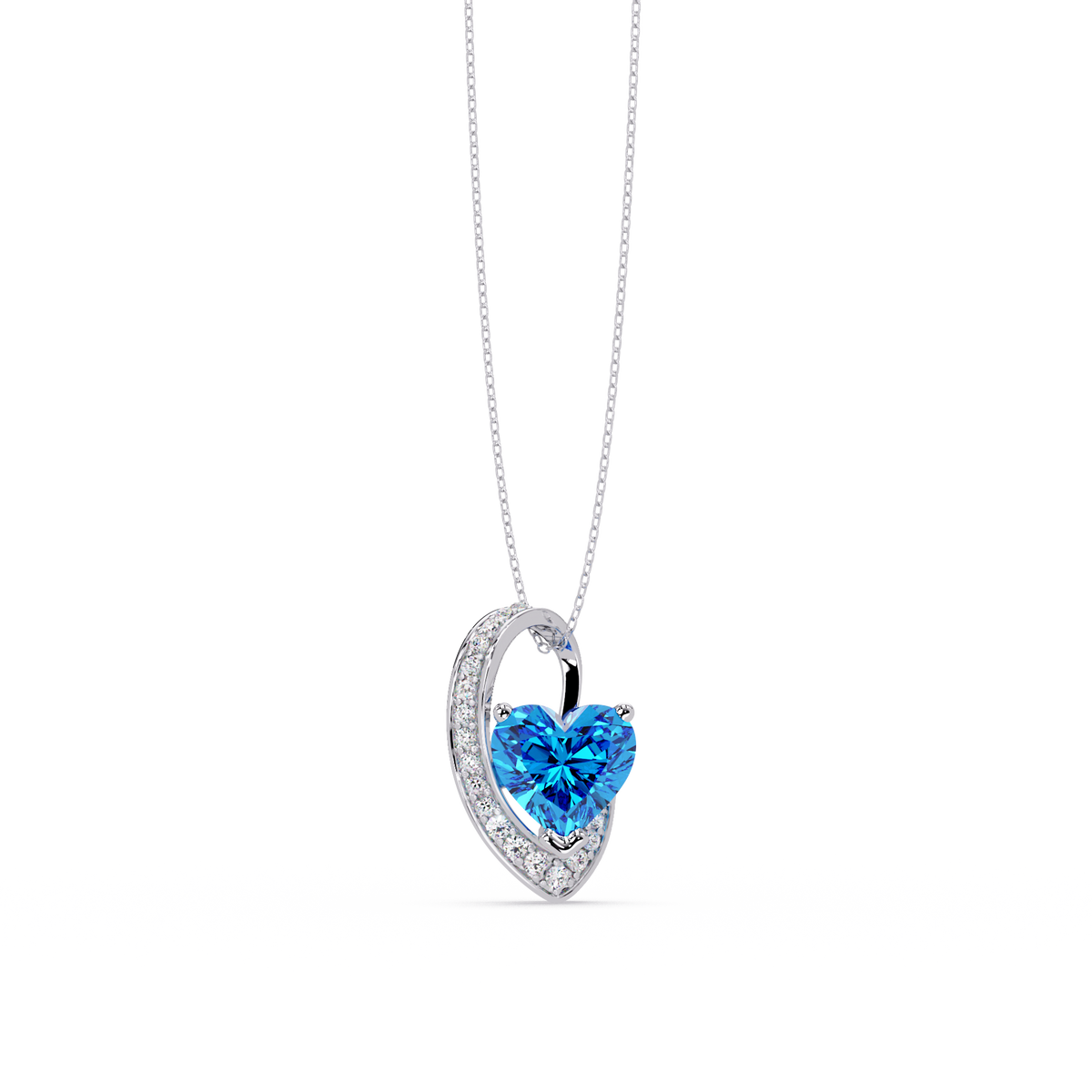 2.5 CTW Heart Curve Colorstone Pendant Necklace — Aquamarine Sky Blue — 14K White Gold