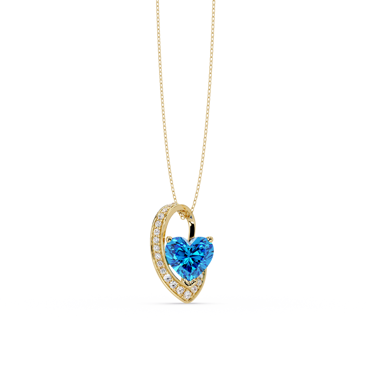 2.5 CTW Heart Curve Colorstone Pendant Necklace — Aquamarine Sky Blue — 14K Yellow Gold