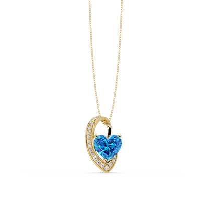2.5 CTW Heart Curve Colorstone Pendant Necklace — Aquamarine Sky Blue — 14K Yellow Gold