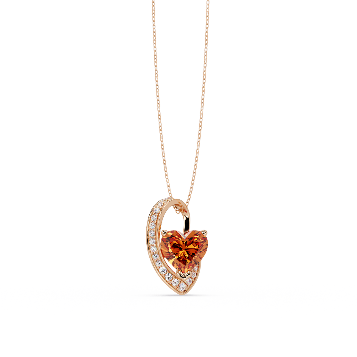2.5 CTW Heart Curve Colorstone Pendant Necklace — Champagne Topaz Amber — 14K Rose Gold