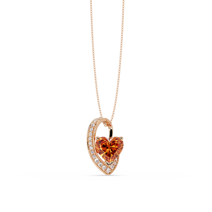 2.5 CTW Heart Curve Colorstone Pendant Necklace — Champagne Topaz Amber — 14K Rose Gold
