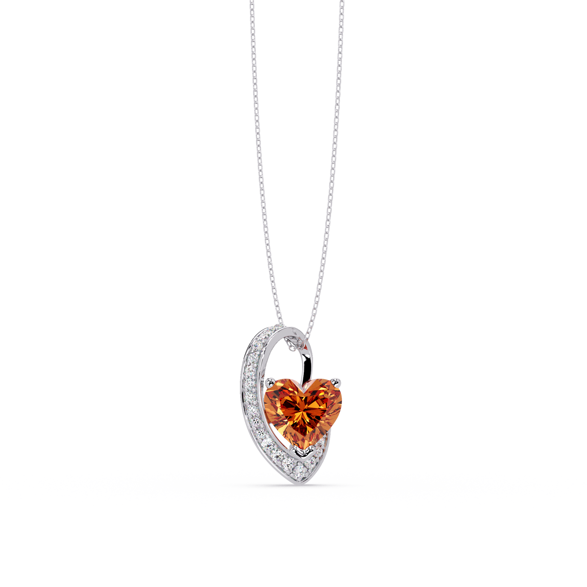 2.5 CTW Heart Curve Colorstone Pendant Necklace — Champagne Topaz Amber — 14K White Gold
