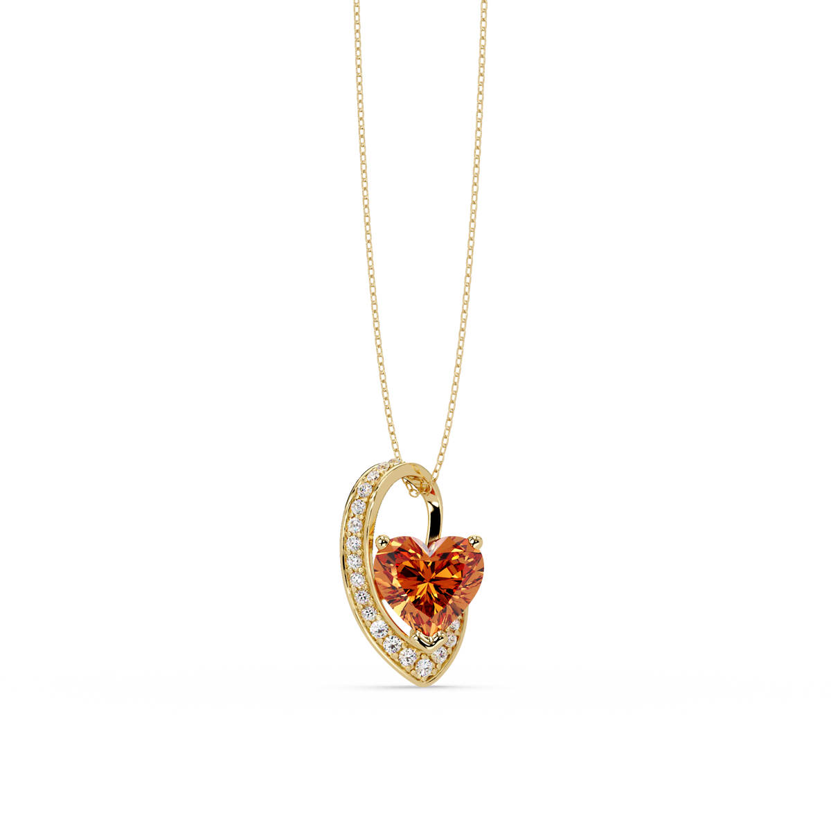 2.5 CTW Heart Curve Colorstone Pendant Necklace — Champagne Topaz Amber — 14K Yellow Gold