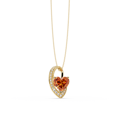 2.5 CTW Heart Curve Colorstone Pendant Necklace — Champagne Topaz Amber — 14K Yellow Gold