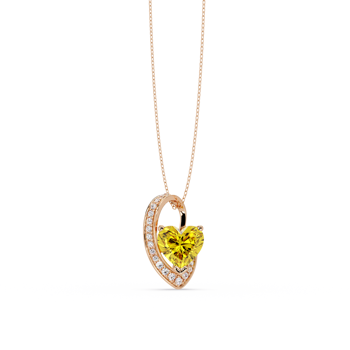 2.5 CTW Heart Curve Colorstone Pendant Necklace — Citrine Lemon Yellow — 14K Rose Gold
