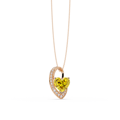 2.5 CTW Heart Curve Colorstone Pendant Necklace — Citrine Lemon Yellow — 14K Rose Gold
