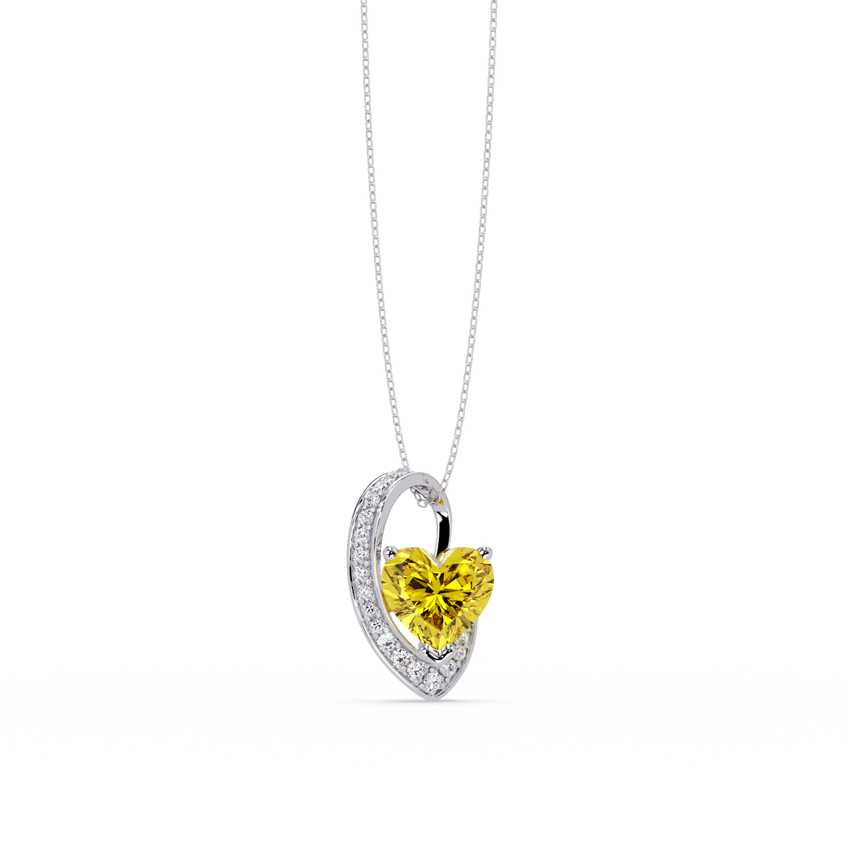 2.5 CTW Heart Curve Colorstone Pendant Necklace — Citrine Lemon Yellow — 14K White Gold