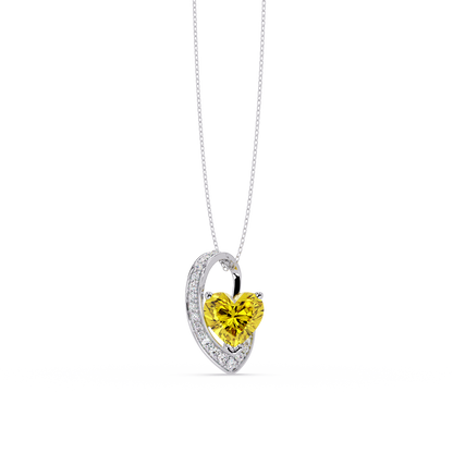 2.5 CTW Heart Curve Colorstone Pendant Necklace — Citrine Lemon Yellow — 14K White Gold