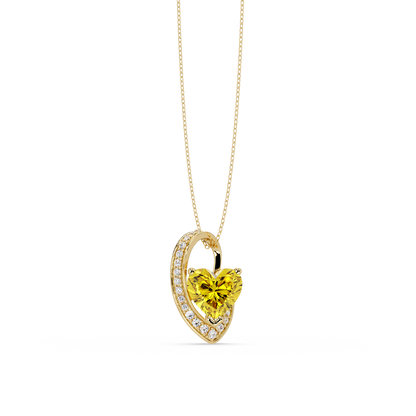 2.5 CTW Heart Curve Colorstone Pendant Necklace — Citrine Lemon Yellow — 14K Yellow Gold
