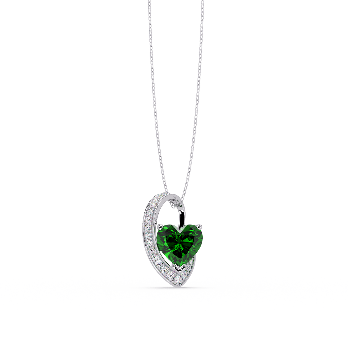2.5 CTW Heart Curve Colorstone Pendant Necklace — Emerald Deep Green — 14K White Gold