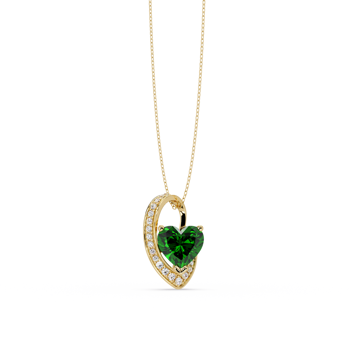 2.5 CTW Heart Curve Colorstone Pendant Necklace — Emerald Deep Green — 14K Yellow Gold