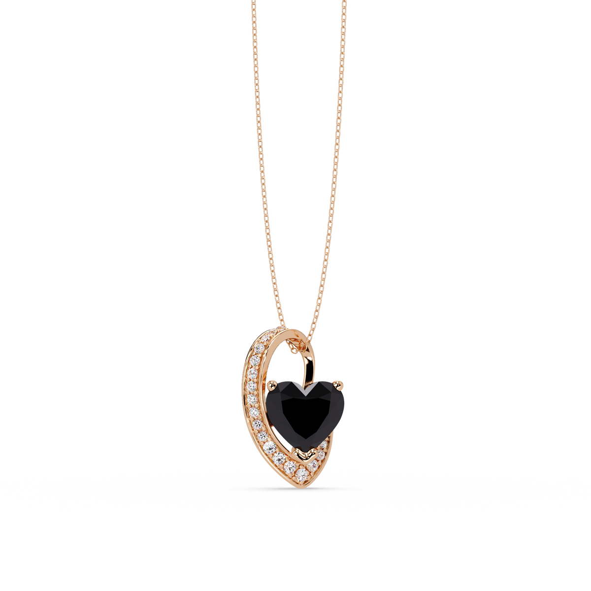 2.5 CTW Heart Curve Colorstone Pendant Necklace — Onyx Black — 14K Rose Gold