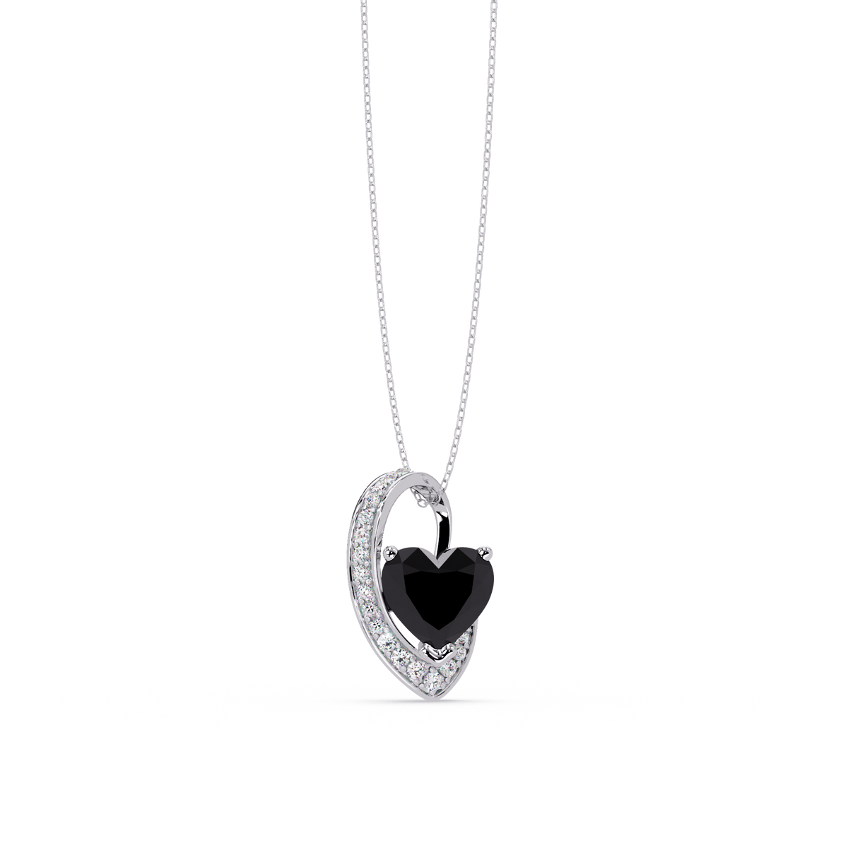 2.5 CTW Heart Curve Colorstone Pendant Necklace — Onyx Black — 14K White Gold
