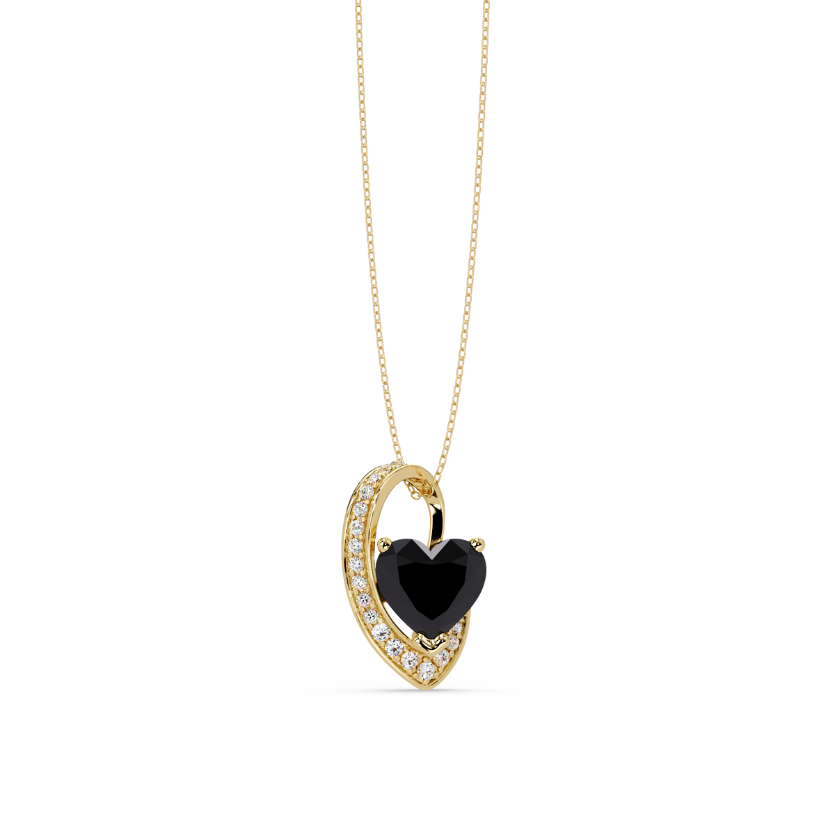 2.5 CTW Heart Curve Colorstone Pendant Necklace — Onyx Black — 14K Yellow Gold