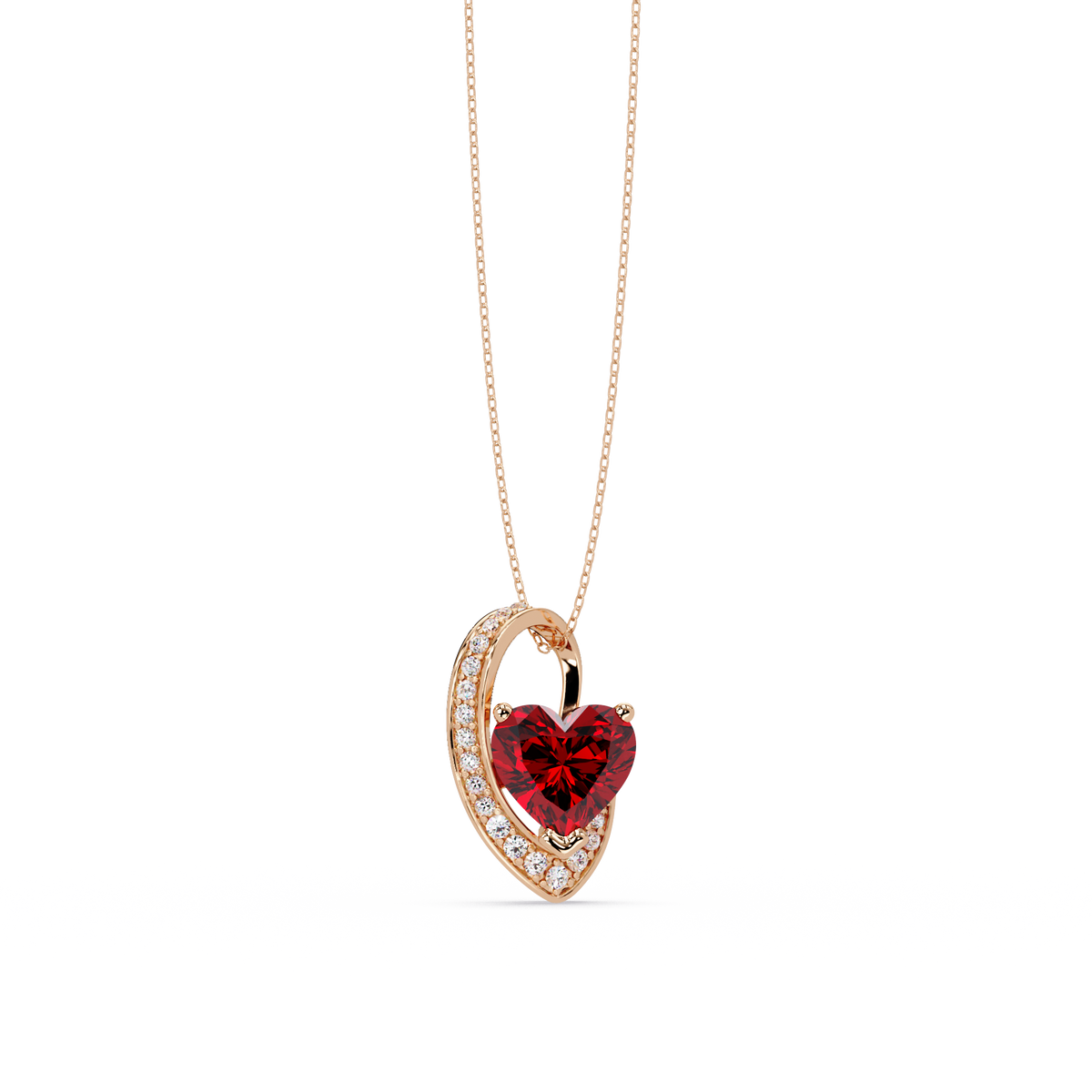 2.5 CTW Heart Curve Colorstone Pendant Necklace — Ruby Deep Red — 14K Rose Gold
