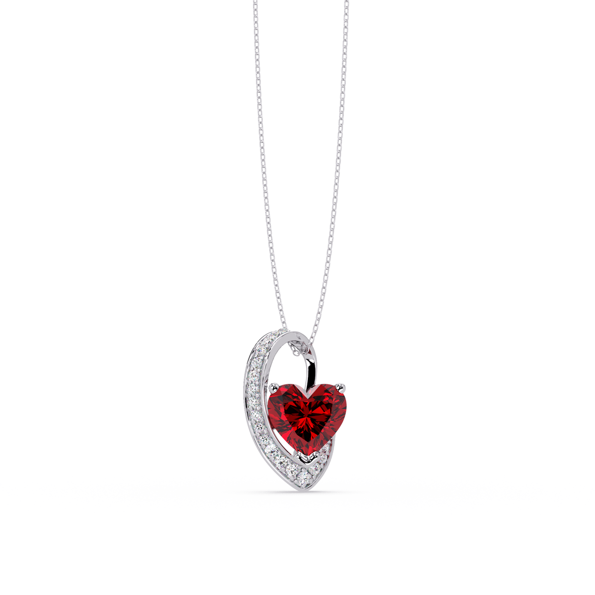 2.5 CTW Heart Curve Colorstone Pendant Necklace — Ruby Deep Red — 14K White Gold
