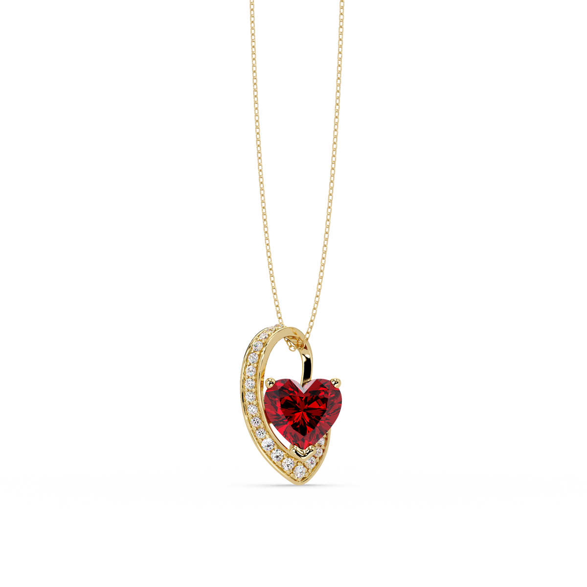 2.5 CTW Heart Curve Colorstone Pendant Necklace — Ruby Deep Red — 14K Yellow Gold