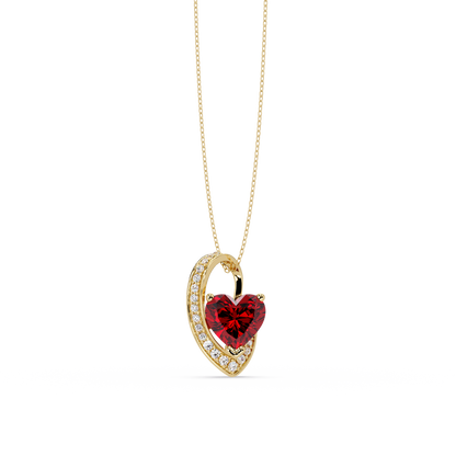 2.5 CTW Heart Curve Colorstone Pendant Necklace — Ruby Deep Red — 14K Yellow Gold