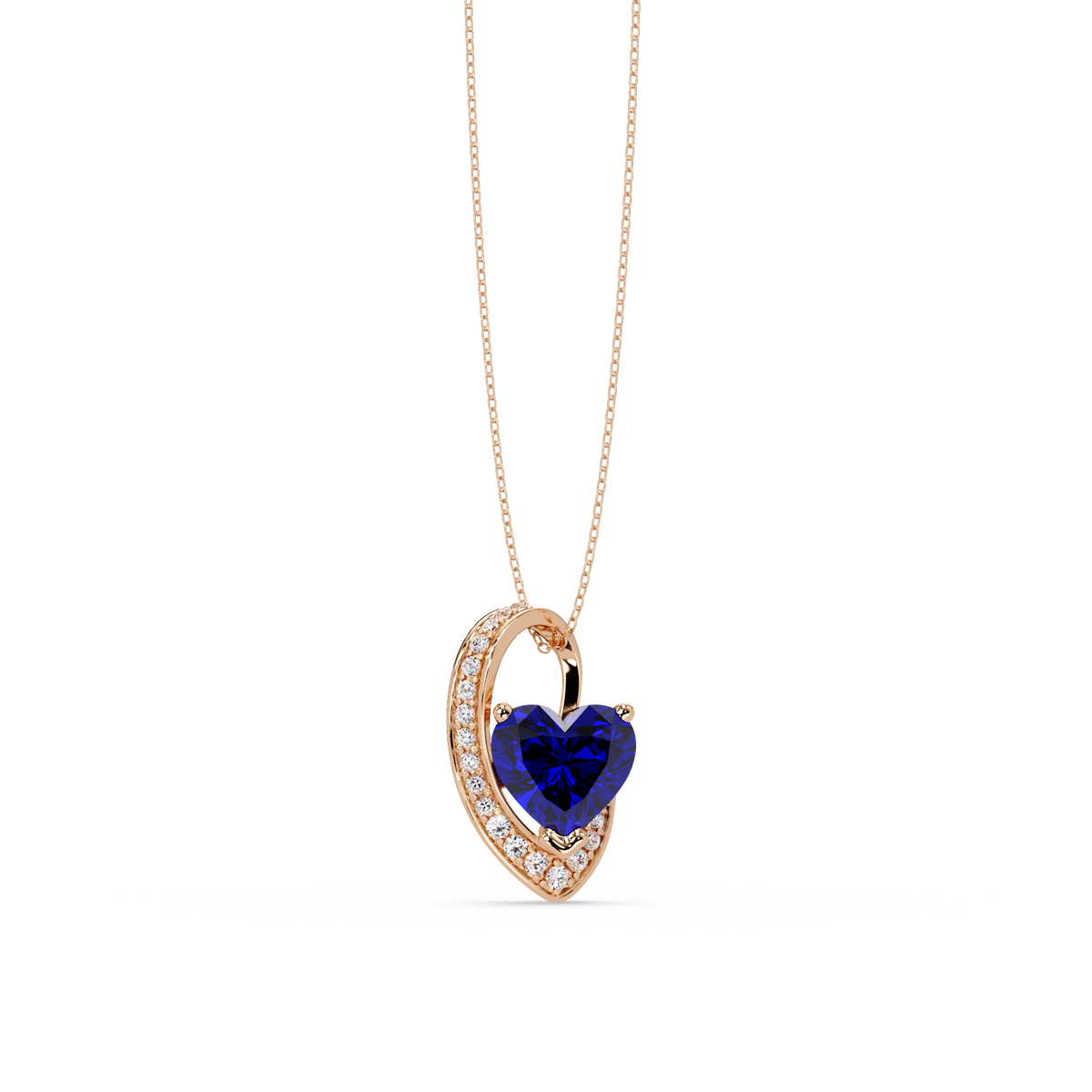 2.5 CTW Heart Curve Colorstone Pendant Necklace — Sapphire Royal Blue — 14K Rose Gold