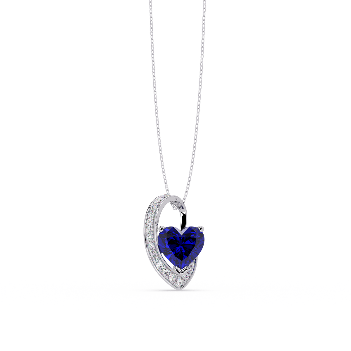 2.5 CTW Heart Curve Colorstone Pendant Necklace — Sapphire Royal Blue — 14K White Gold