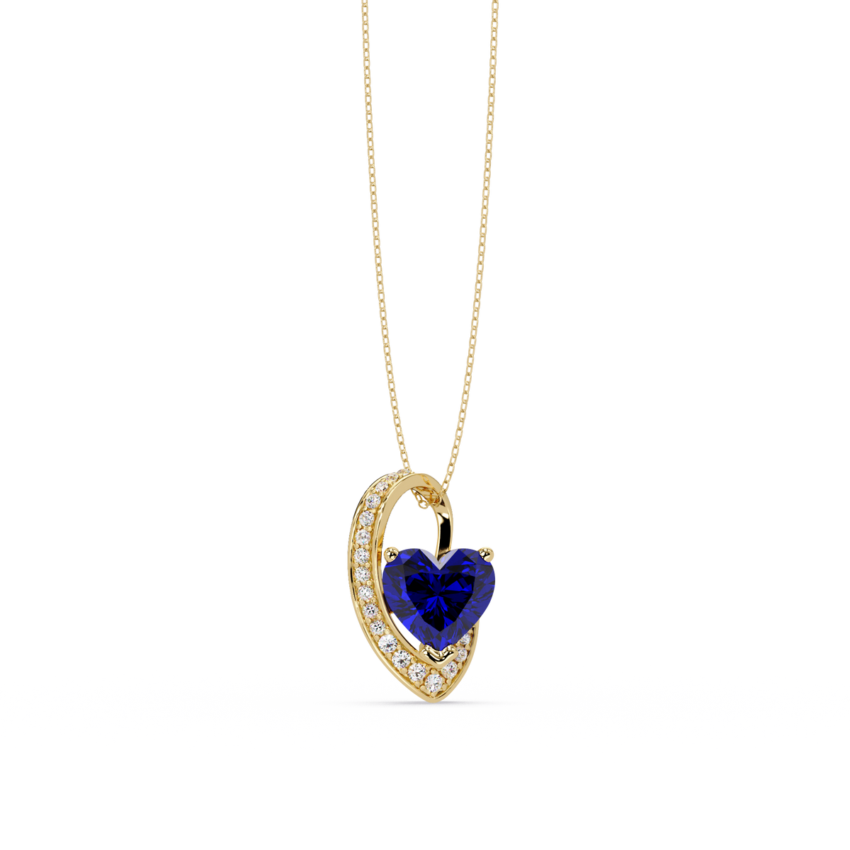 2.5 CTW Heart Curve Colorstone Pendant Necklace — Sapphire Royal Blue — 14K Yellow Gold