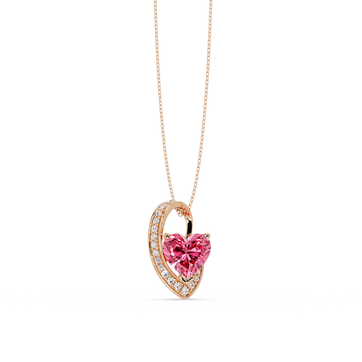 2.5 CTW Heart Curve Colorstone Pendant Necklace — Tourmaline Rose Pink — 14K Rose Gold
