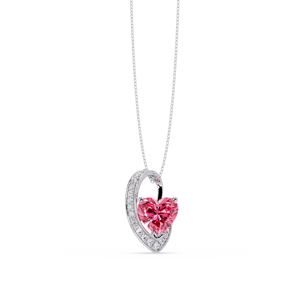 2.5 CTW Heart Curve Colorstone Pendant Necklace — Tourmaline Rose Pink — 14K White Gold