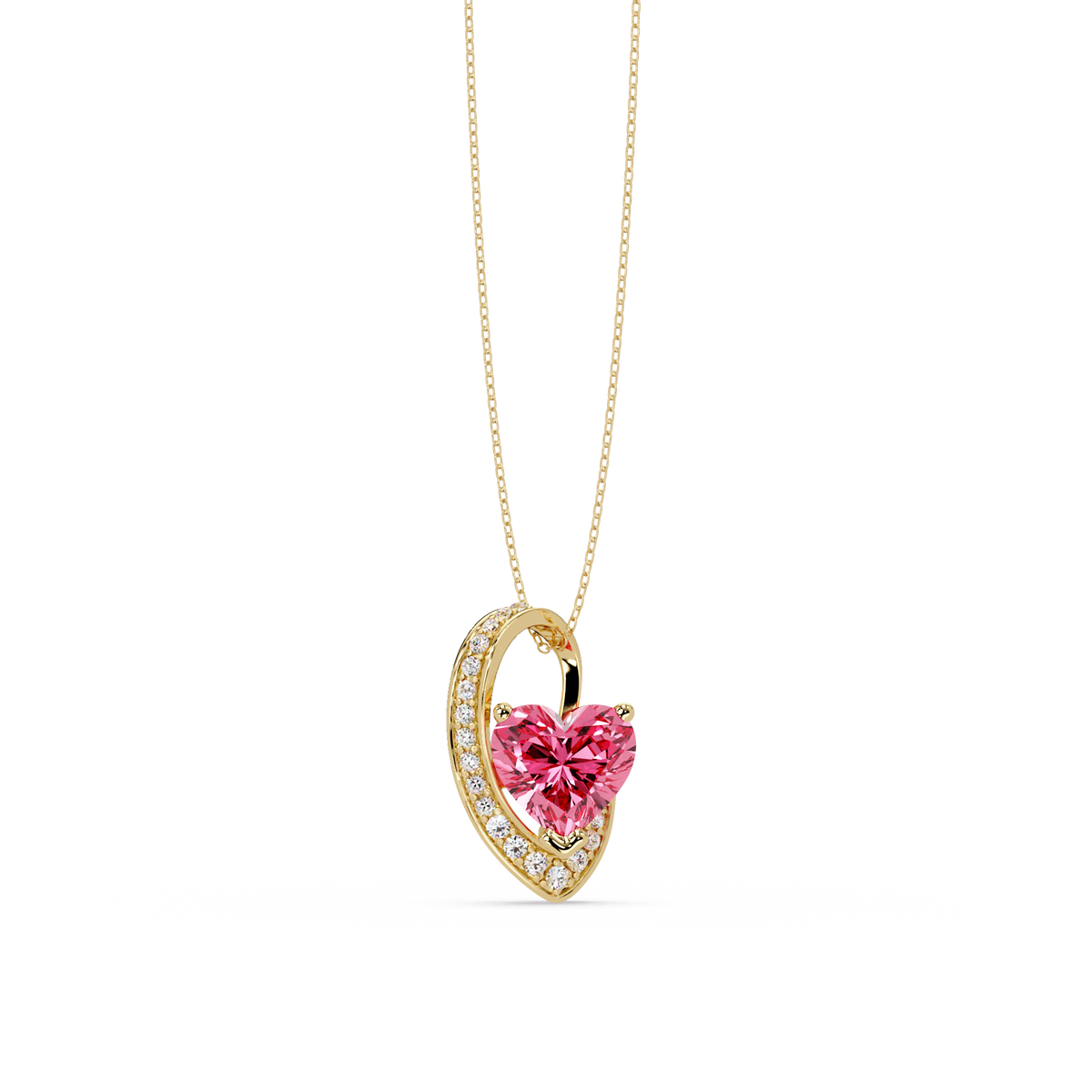 2.5 CTW Heart Curve Colorstone Pendant Necklace — Tourmaline Rose Pink — 14K Yellow Gold