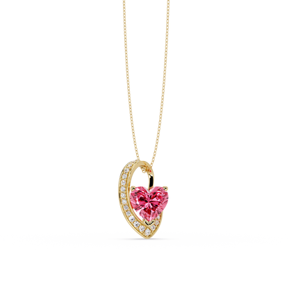 2.5 CTW Heart Curve Colorstone Pendant Necklace — Tourmaline Rose Pink — 14K Yellow Gold