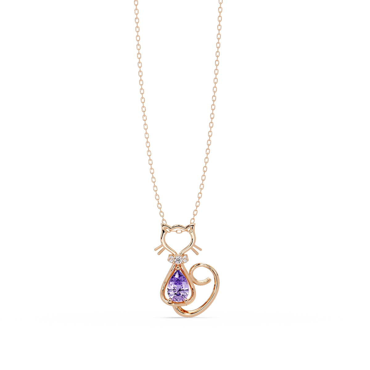 0.4 CTW Pear Cat Motif Colorstone Pendant Necklace — Amethyst Lavender — 14K Rose Gold