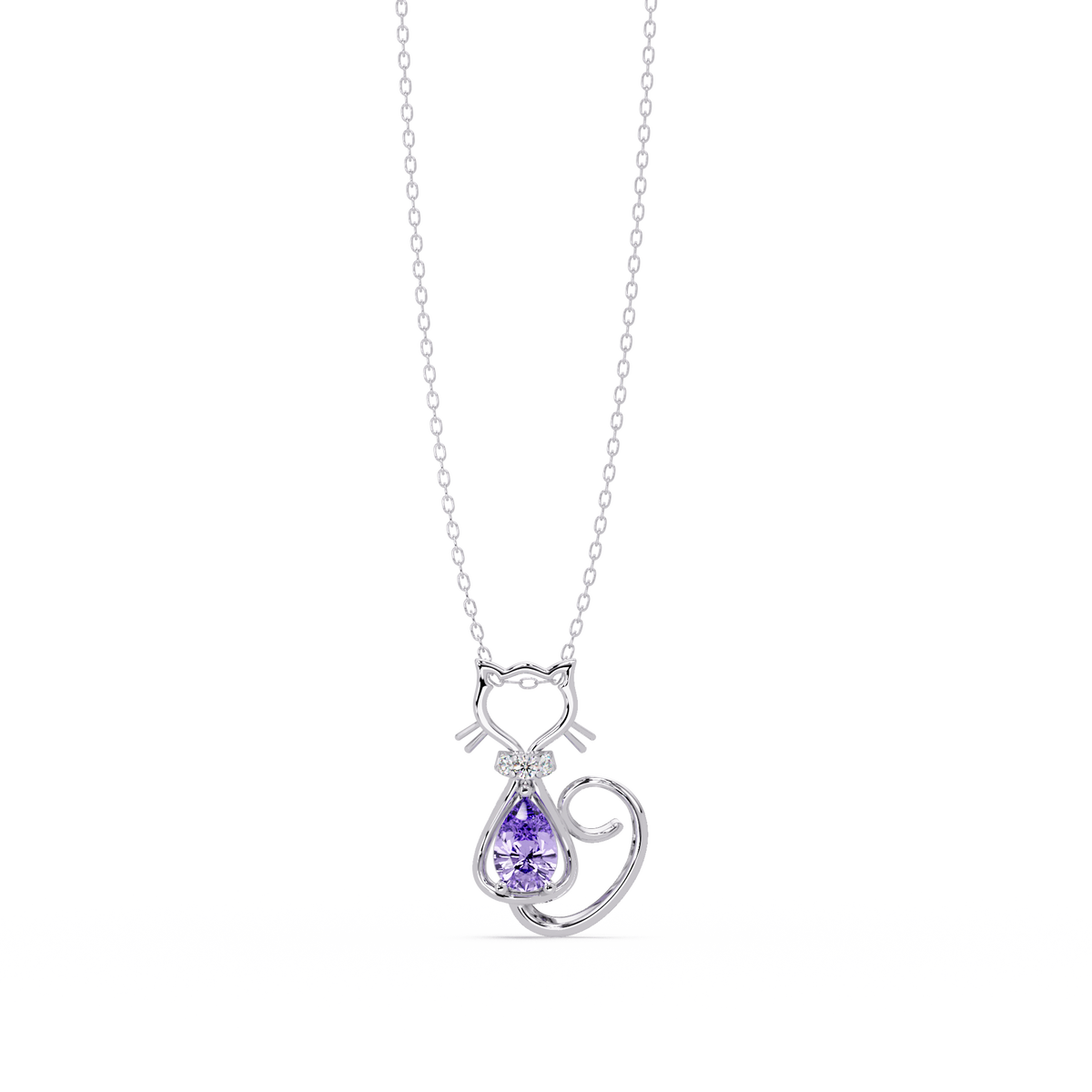 0.4 CTW Pear Cat Motif Colorstone Pendant Necklace — Amethyst Lavender — 14K White Gold