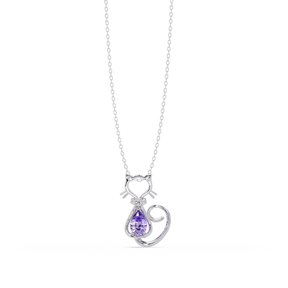 0.4 CTW Pear Cat Motif Colorstone Pendant Necklace — Amethyst Lavender — 14K White Gold