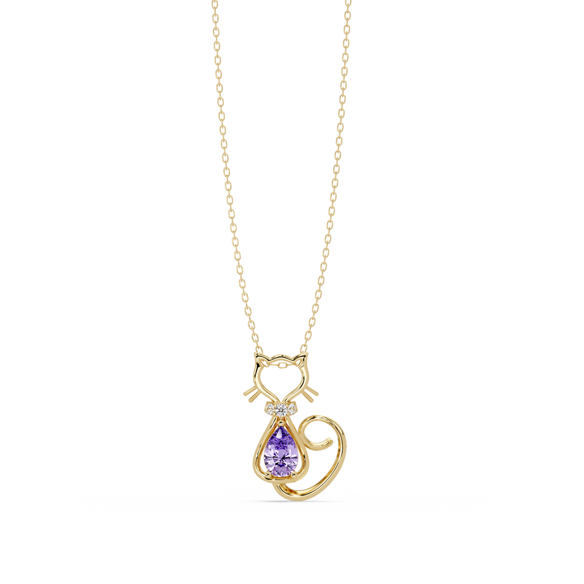 0.4 CTW Pear Cat Motif Colorstone Pendant Necklace — Amethyst Lavender — 14K Yellow Gold