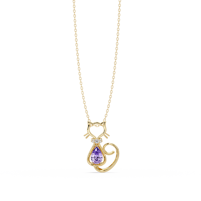 0.4 CTW Pear Cat Motif Colorstone Pendant Necklace — Amethyst Lavender — 14K Yellow Gold