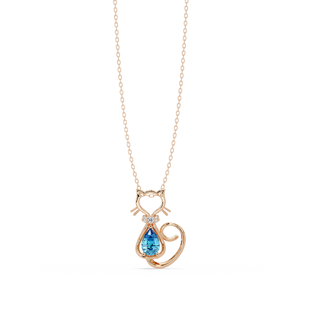 0.4 CTW Pear Cat Motif Colorstone Pendant Necklace — Aquamarine Sky Blue — 14K Rose Gold