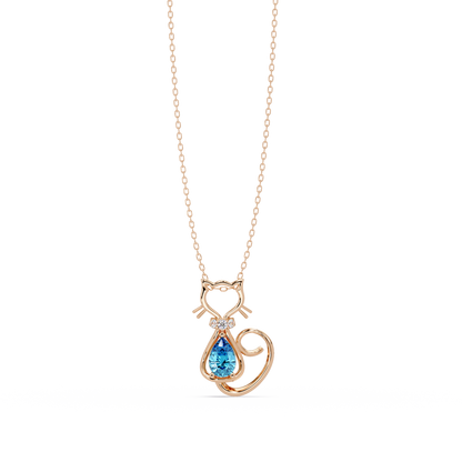 0.4 CTW Pear Cat Motif Colorstone Pendant Necklace — Aquamarine Sky Blue — 14K Rose Gold
